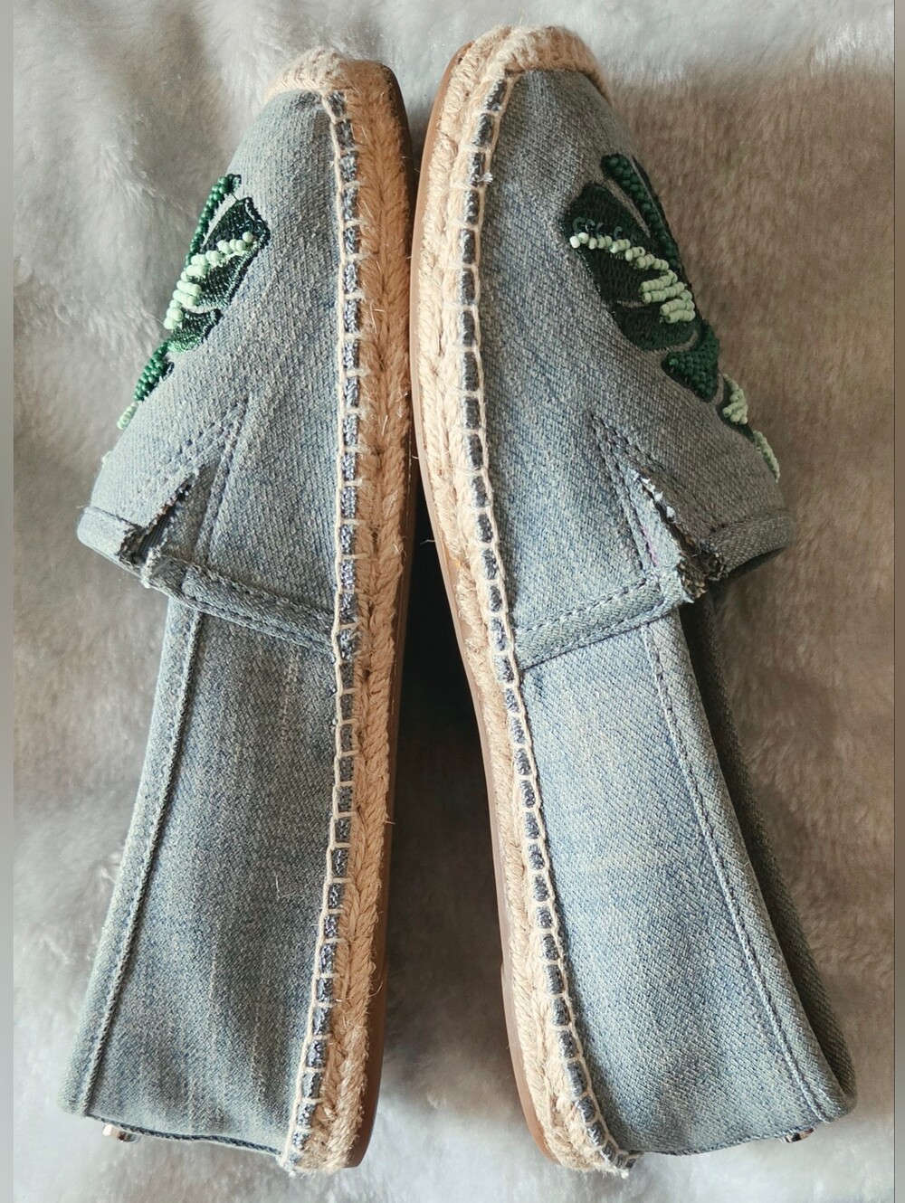 Michael Kors Gray Canvas Espadrilles with Green Leaf Bead Embroidery - Picture 3 of 5